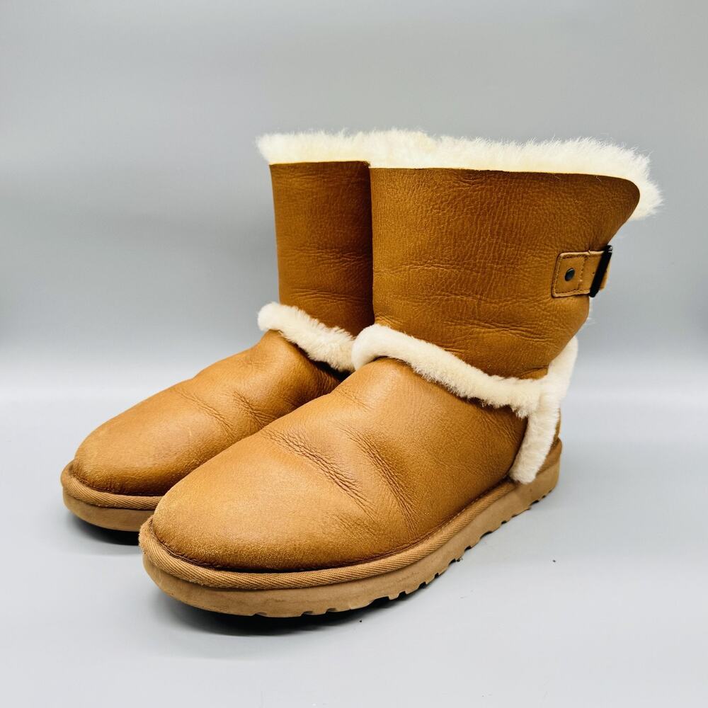 UGG Boots Womens 9 Brown Leather Mid Calf Shearling Buckle Fur Trim Winter Shoes - Picture 3 of 10